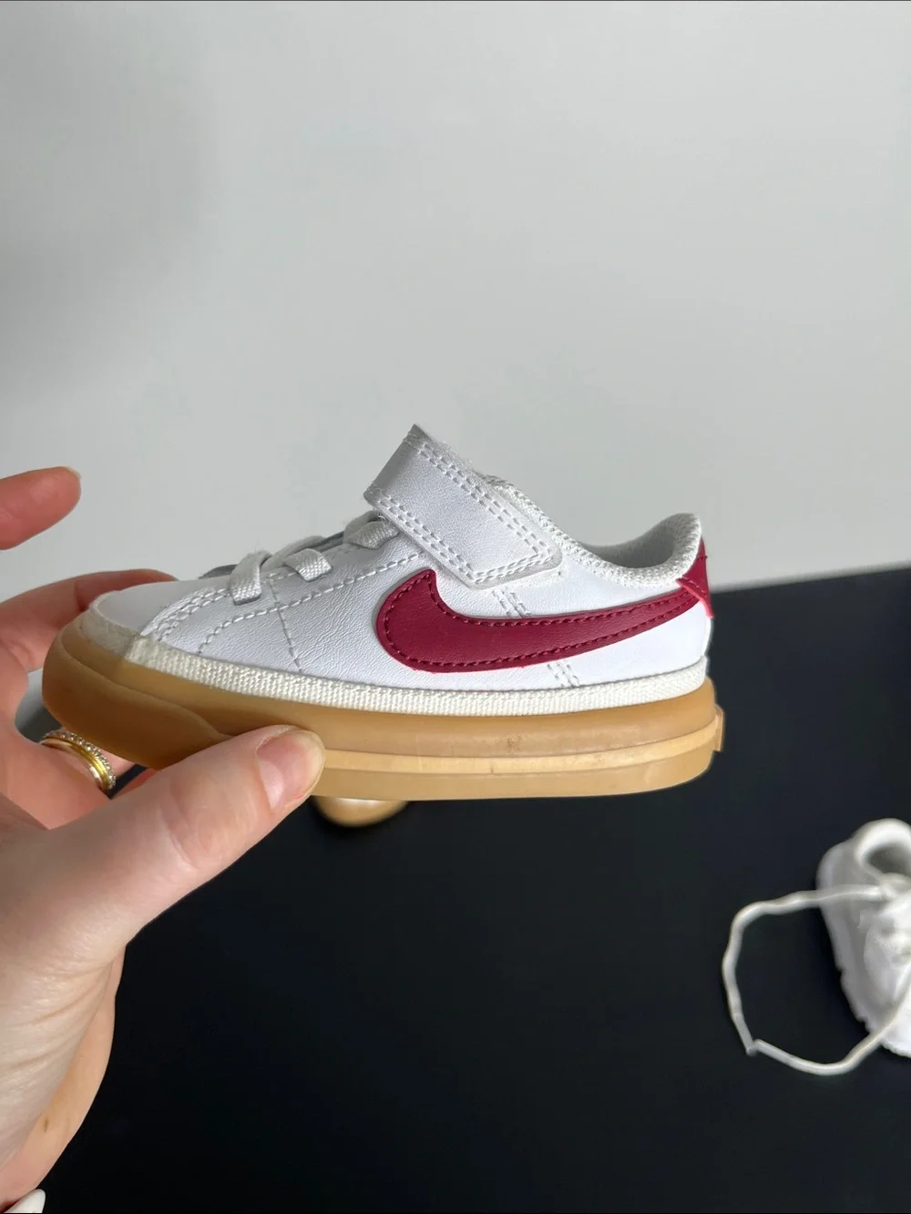 Nike Kids White Sneakers with Red Swoosh and Gum Sole - Velcro
